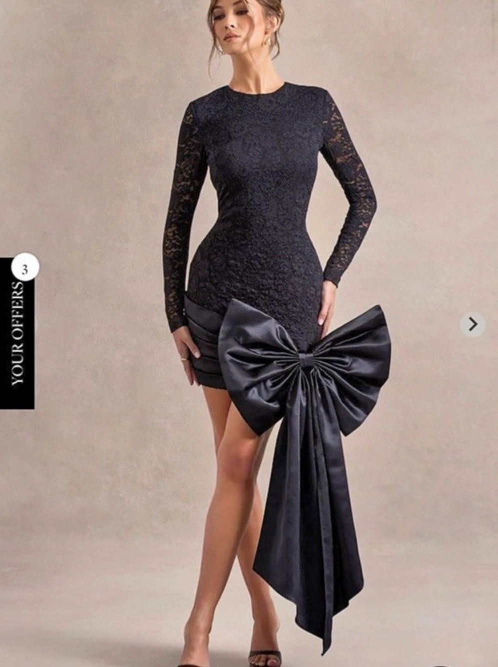 Club L London Evry Black Lace Long-Sleeve Mini Dress With Oversized Satin Bow Si
